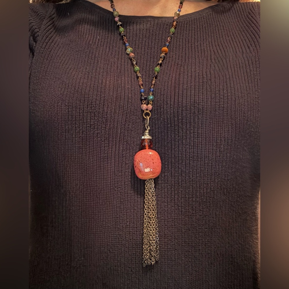 Lenore Solmo Tassel Necklace – Amber-Tone Stone Drop - Hand Made